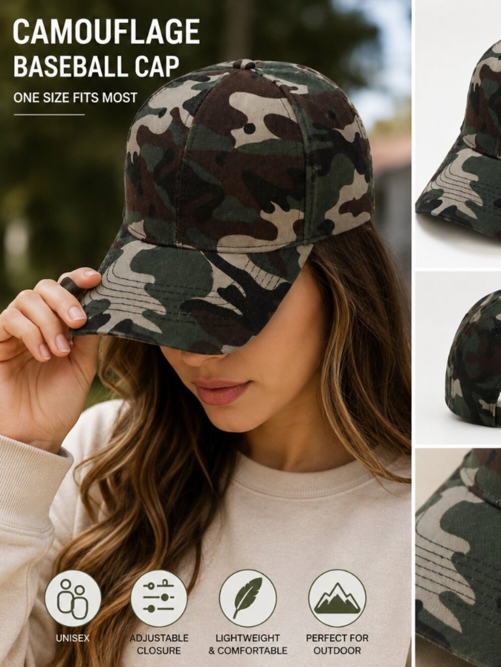 Camouflage Baseball Cap Adjustable Camo Hat Unisex Casual Outdoor One Size